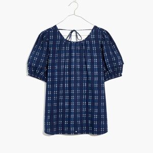 Madewell Tie-Back Puff-Sleeve Top in Shibori Indigo plaid size M